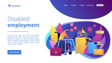 Özürlü insan adaptasyonu. Ofis işyeri, ortak çalışma alanı. Engelli istihdam, engelli insanlar için çalışmak, bütün insanları işe alıyoruz. Web sitesi indirme web sayfası şablonu.