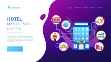 Lüks otel, konaklama rezervasyonu. Bedava kablosuz internet, oda temizliği. Misafirperverlik yönetimi, oteller iş süreçleri, otel yönetim sistemi konsepti. Web sitesi indirme web sayfası şablonu.