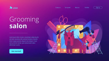 Köpek şovu hazırlıkları. Yavru köpeğe bakmak, profesyonel tımarcıya götürmek. Bakım salonu, hayvan bakımı hizmetleri, evcil hayvan dükkanı konsepti. Web sitesi indirme web sayfası şablonu.