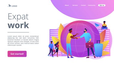 Göçmenler için insan kaynakları ajansı. Merkeze yardım edin. Ekspres iş, etkili göçmen işçiler, yurtdışı programı, ülke dışı istihdam kavramı. Web sitesi indirme web sayfası şablonu.