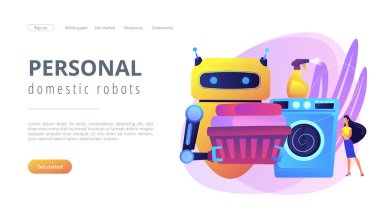 Çamaşır sepetini tutan ve çamaşır makinesinde çamaşır yıkayan robot. Ev robotu teknolojisi, gerçek hayattaki robotlar, evcil robotlar konsepti. Canlı bir menekşe iniş web sayfası şablonu.