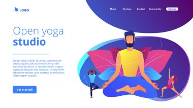 Nilüfer çiçeği pozunda meditasyon yapan öğretmen ve yoga egzersizleri yapmayı öğrenen küçük insanlar. Yoga okulu, yoga stüdyosu açmak, pratik konsepti hakkında daha çok şey öğrenmek. Web sitesi indirme web sayfası şablonu.