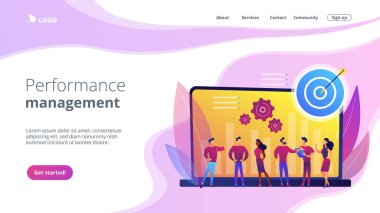 Çalışanlar örgütsel hedefler ve geri bildirim alıyorlar. Performans yönetimi, yönetim yazılımı, çalışanların verimliliği ve performans izleme konsepti. Canlı bir menekşe iniş web sayfası şablonu.