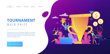Altın kupa ve madalya kazanan yarışmacı. Liderlik ve başarı. Ödül bahsi, ödül parası dağıtımı, turnuva konsepti. Web sitesi indirme web sayfası şablonu.