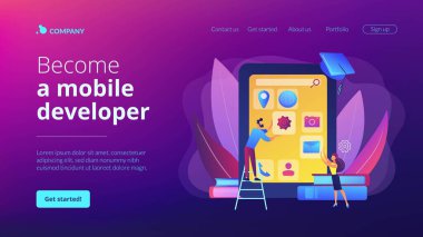 E-öğrenme. Eğitim süreci. Eğitim başvurusu. Mobil uygulama geliştirme kursları, mobil uygulamalar çevrimiçi kurslar, mobil geliştirici kavramı haline gelir. Web sitesi indirme web sayfası şablonu.