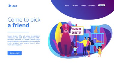 Barınakta köpek yavrusu seçen aile. Kafesteki evsiz köpekler. Hayvan barınağı, evcil hayvan evlat edinme kurumu, arkadaş edinme konsepti. Web sitesi indirme web sayfası şablonu.