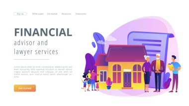 Emlak sigortası, vasiyet imzalama, ev satın alma. Emeklilik planlaması, miras planlaması, mali danışman ve avukat hizmetleri konsepti. Web sitesi indirme web sayfası şablonu.