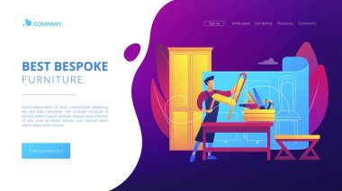 Sandalye imalatı. İç mimar. Marangozluk atölyesi. Özel mobilyalar, en iyi döşenmiş mobilyalar, usta mobilya üreticileri konsepti. Web sitesi indirme web sayfası şablonu.