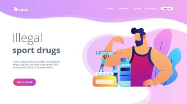 Küçük insanlar şırıngayla bir sporcuya anabolik steroid enjekte ediyorlar. Anabolik steroidler, yaşlanma önleyici ilaçlar, yasadışı spor uyuşturucu konsepti. Canlı bir menekşe iniş web sayfası şablonu.