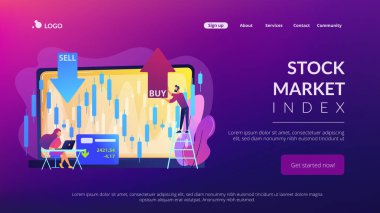 Grafik grafiği olan küçük insanlar hisse senedi alıp satıyorlar. Borsa endeksi, borsa broker şirketi, borsa veri konsepti. Canlı bir menekşe iniş web sayfası şablonu.