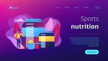 Spor beslenme plastik kaplarla protein tozu içeren vücut geliştirici. Spor malzemeleri, spor malzemeleri, ergogenik yardımcılar konsept kullanır. Canlı bir menekşe iniş web sayfası şablonu.