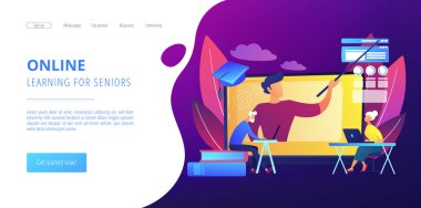 Webinar, internet dersi. Mesafeli üniversite öğretmeni, eğitimci. Yaşlılar için çevrimiçi öğrenme, yaşlılar için çevrimiçi kurslar, ek eğitim kavramı. Web sitesi indirme web sayfası şablonu.