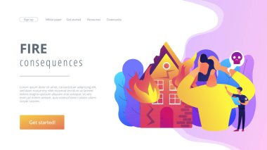 Alevler içinde yıkılan ev, doğal afet. Sigortası olmayan yanmış mallar zarar görmüş. Yangın sonuçları, yangın tehlikeleri kayıplar, yangın kurbanları konsept buldu. Web sitesi indirme web sayfası şablonu.