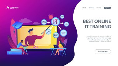 İnternette öğrencilere ders veriyorum. İnternet öğrenimi. Bilgisayar programlama. Çevrimiçi bilişim kursları, en iyi çevrimiçi bilişim eğitimi, online sertifika kursları konsepti. Web sitesi indirme web sayfası şablonu.