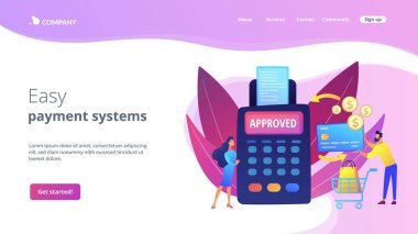 Para transferi. Finansal hizmetler. POS terminali. İnternetten alışveriş. Ödeme işlemleri, kolay ödeme sistemleri, dijital ödeme hizmeti konsepti. Web sitesi indirme web sayfası şablonu.