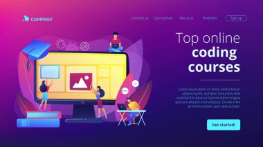 E-öğrenme, çevrimiçi dersler ve webinarlar. Uzaktan kumanda bilişim. Web geliştirme kursları, web geliştirme programlama, en iyi çevrimiçi kodlama kursları konsepti. Web sitesi indirme web sayfası şablonu.