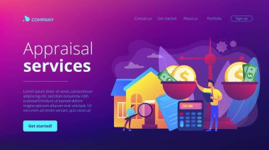 Emlakçılık, emlak satışı ve satın alma. Finansal danışmanlık. Değerlendirme hizmetleri, gayrimenkul değerlendirmesi, değer biçen profesyoneller konsepti. Web sitesi indirme web sayfası şablonu.