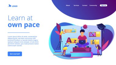 Öğrenci merkezi eğitim, bilgi edinme, uzaktan mezuniyet. Isırık büyüklüğünde öğrenme, kendi hızında öğrenme, esnek öğrenme süreci konsepti. Web sitesi indirme web sayfası şablonu.