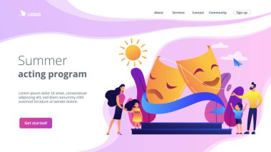 Özel öğretmenleri olan çocuklar tiyatro sahnesinde oynamayı seviyorlar, küçük insanlar. Tiyatro kampı, yaz oyunculuk programı, genç aktör kursları konsepti. Web sitesi indirme web sayfası şablonu.