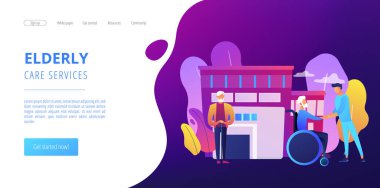 Bakıcılık, gönüllülük. Engelli hasta desteği, hastane yardımı. Yaşlı bakımı, ev hasreti, yaşlı bakım hizmetleri konsepti. Web sitesi indirme web sayfası şablonu.