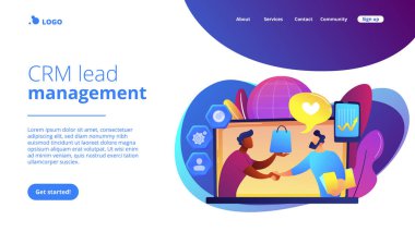 Menajer müşteriyle el sıkışır, müşteriyle etkileşim stratejisi oluşturur. Müşteri ilişkileri yönetimi, CRM sistemi, CRM yönetim konsepti. Canlı bir menekşe iniş web sayfası şablonu.