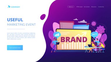 Pazarlama ve tanıtım kampanyası. Marka farkındalığı artıyor. Markalı atölye. Marka, yararlı pazarlama etkinliği konseptine göre düzenlenmiş bir atölye. Web sitesi indirme web sayfası şablonu.