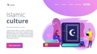 Geleneksel giysiler içinde Müslüman bir aile Kuran okuyor, küçük insanlar. İslam 'ın beş temel direği, İslam takvimi, İslam kültürü kavramı. Web sitesi indirme web sayfası şablonu.