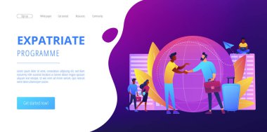 Göçmenler için insan kaynakları ajansı. Merkeze yardım edin. Ekspres iş, etkili göçmen işçiler, yurtdışı programı, ülke dışı istihdam kavramı. Web sitesi indirme web sayfası şablonu.