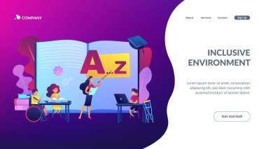Okulda okuyan engelli çocuklar. Öğrenme programı. Özel eğitim, sosyal ve iletişimsel yeterlilik, kapsayıcı çevre konsepti. Web sitesi indirme web sayfası şablonu.