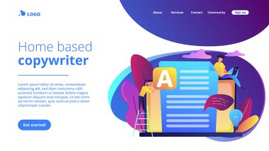 Yaratıcı reklam metinleri yazan büyük bir dizüstü bilgisayarın metin yazarı. Metin yazarlığı işi, ev tabanlı metin yazarlığı, serbest metin yazarlığı konsepti. Canlı bir menekşe iniş web sayfası şablonu.