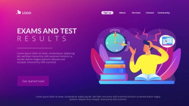 Zaman sıkıntısı, testlerden önce tıkınma, muayene. Sınavlar ve test sonuçları, kişisel sınav çizelgesi, sınav stresi ve endişe konsepti. Web sitesi indirme web sayfası şablonu.