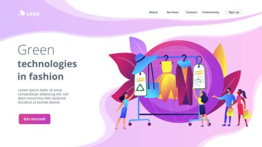 Geri dönüşümlü ve ekolojik tekstil. Sürdürülebilir moda, sürdürülebilir üretim markası, modada yeşil teknolojiler, etik giyim üretim kavramı. Web sitesi indirme web sayfası şablonu.