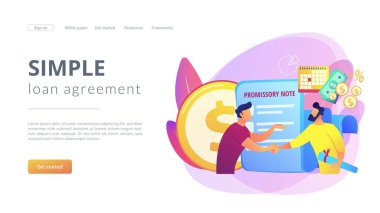 Ödeyeceğine söz ver. Para ödünç alma belgesi. Kredi anlaşması, yasal sözleşme. Borç senedi, ticari kağıt formu, basit kredi anlaşması konsepti. Web sitesi indirme web sayfası şablonu.