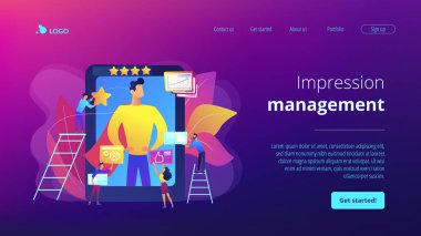 Kişisel gelişim ve kişisel gelişim kursu. İzlenim yönetimi, izlenim yönetimi stratejileri, sosyal ilişkiler geliştirme kavramı. Web sitesi indirme web sayfası şablonu.
