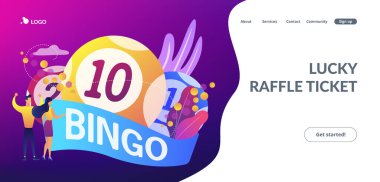 İş adamı ve kadın kazananlar ve şanslı sayılarla tombala topları, küçük insanlar. Piyango parası oyunu, şanslı piyango bileti, bingo oyunu konsepti. Canlı bir menekşe iniş web sayfası şablonu.