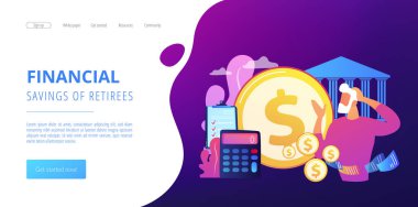 Kazanç fonu, bütçe hesaplaması, sosyal güvenlik. Emeklilik hazırlığı, emeklilerin finansal tasarrufları, emeklilik tasarrufu planlama konsepti. Web sitesi indirme web sayfası şablonu.