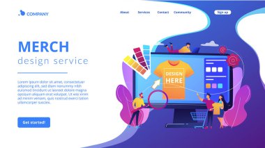 Talep hizmetlerinin üstündeki tişört baskısı. Promosyon giyim tasarımı. Giysiler, özel ürünler, ticari tasarım hizmeti konsepti. Web sitesi indirme web sayfası şablonu.