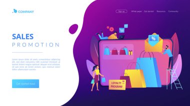 Alışveriş satışı. İndirim teklifi. Sadakat programı. Müşteri çekici pazarlama. Satış promosyonu, yaratıcı perakende tanıtımı, satış konseptini yükseltmek. Web sitesi indirme web sayfası şablonu.