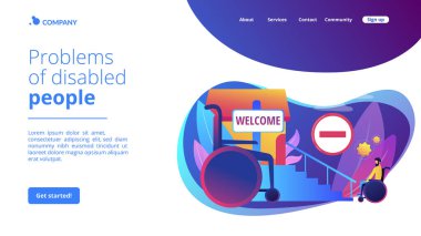 Yapısal engeller. Erişimi engelle, hareket kabiliyetini engelle. Erişilemez ortamlar, fiziksel hareket engelleri, engelli insan kavramı sorunları. Web sitesi indirme web sayfası şablonu.