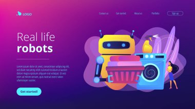 Çamaşır sepetini tutan ve çamaşır makinesinde çamaşır yıkayan robot. Ev robotu teknolojisi, gerçek hayattaki robotlar, evcil robotlar konsepti. Canlı bir menekşe iniş web sayfası şablonu.
