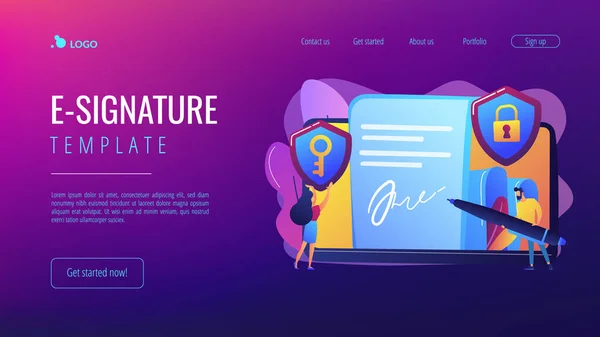 ビジネスマンは電子署名を文書にセキュリティシールド 電子署名 電子署名テンプレート 電子署名の同意の概念 ウェブサイト鮮やかな紫色のランディングウェブページテンプレート — ストックベクタ
