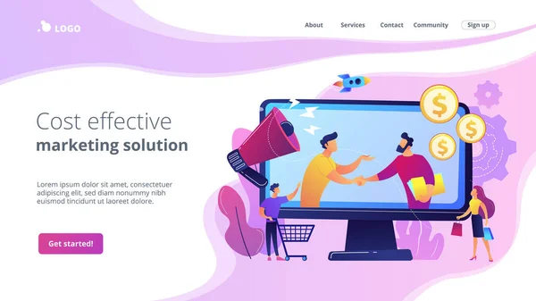 収益性の高いパートナーシップ ビジネスパートナーの同僚 アフィリエイトマーケティング 費用対効果の高いマーケティングソリューション アフィリエイトマーケティング管理コンセプト ホームページのランディングウェブページテンプレート — ストックベクタ