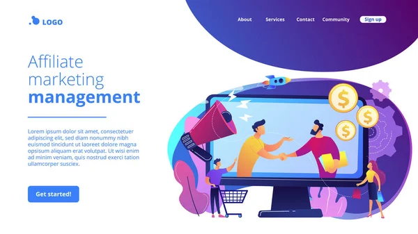 収益性の高いパートナーシップ ビジネスパートナーの同僚 アフィリエイトマーケティング 費用対効果の高いマーケティングソリューション アフィリエイトマーケティング管理コンセプト ホームページのランディングウェブページテンプレート — ストックベクタ