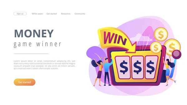 幸運な小さな人々は ドル記号でスロットマシンでギャンブルと賞金を獲得します スロットマシン マネーゲームの勝者 ジャックポットウィンの概念 ウェブサイト鮮やかな紫色のランディングウェブページテンプレート — ストックベクタ