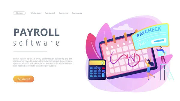 給料日 計算機と小さなビジネスの人々が給料を得るとカレンダー ペイチェック現金 給与税の入金 給与ソフトウェアの概念 ウェブサイト鮮やかな紫色のランディングウェブページテンプレート — ストックベクタ