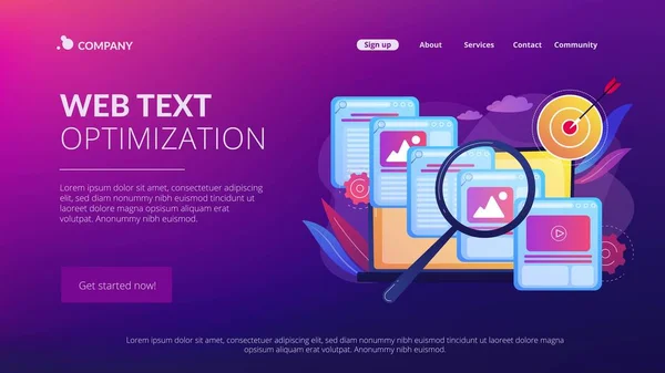 搜索引擎营销业务 抄写服务 内容管理 复制优化 网络文本优化 Seo最佳写作概念 网址主页登陆网页模板 — 图库矢量图片