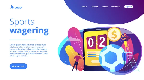 小さな人々 スコアを持つ大規模なスマートフォンでサッカーやブックメーカーに賭けるビジネスマン スポーツの賭け ブックメーカー市場 スポーツの賭けの概念 ウェブサイト鮮やかな紫色のランディングウェブページテンプレート — ストックベクタ