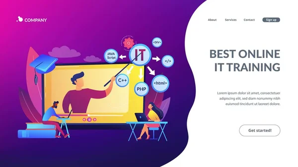 オンラインで学生を教える インターネット学習 コンピュータ プログラミング オンラインItコース 最高のオンラインItトレーニング オンライン認証コースコンセプト ホームページのランディングウェブページテンプレート — ストックベクタ