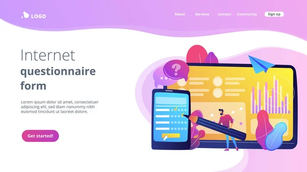 スマートフォンの画面上でオンライン調査フォームを完了ビジネスマン オンライン調査 インターネットアンケートフォーム マーケティングリサーチツールの概念 ウェブサイト鮮やかな紫色のランディングウェブページテンプレート — ストックベクタ