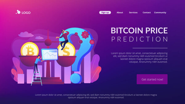Virtual money exchange, market statistics analysis. Bitcoin price prediction, cryptocurrency price forecast, blockchain invest profitability concept. Website homepage landing web page template.
